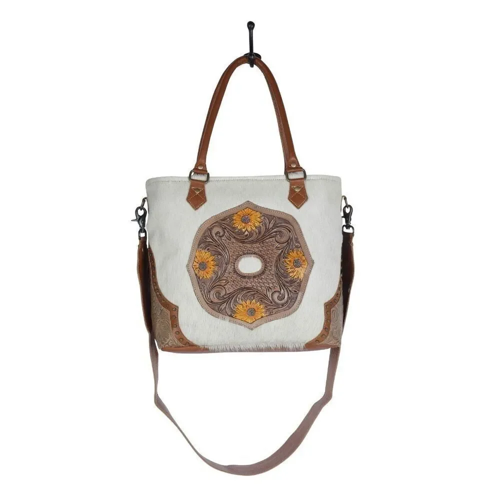 Myra Bag Handmade Burnished Hand Tooled Bag Upcycled Canvas & Cowhide Leather